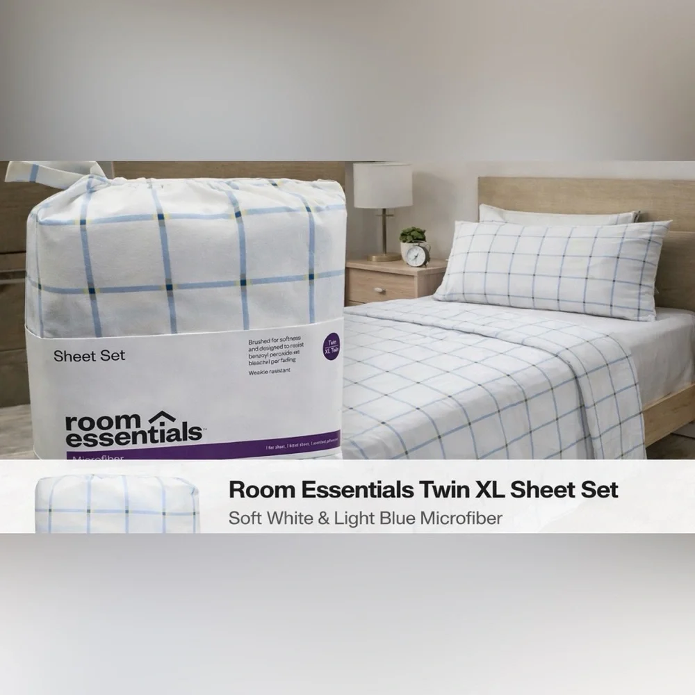 Room Essentials Twin XL Sheet Set Blue Plaid Microfiber Dorm‎ Bedding Set Target